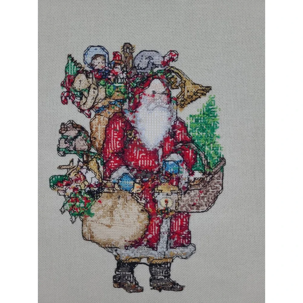 Handmade Finished Cross Stitch Santa Claus with Toys Christmas Holiday Decor